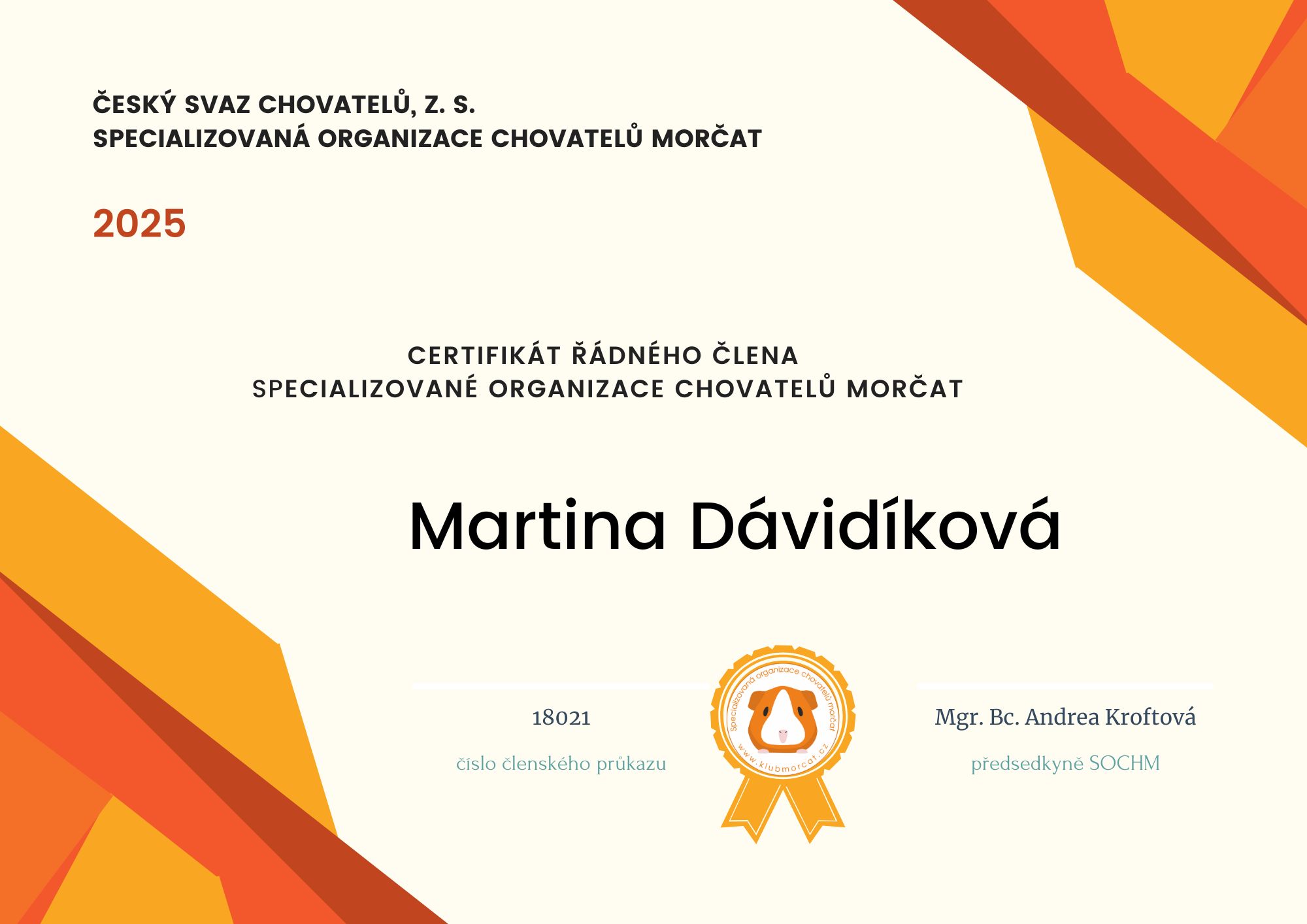 Certifikát 2025<br />Popis: Certifikát řádného člena 2025