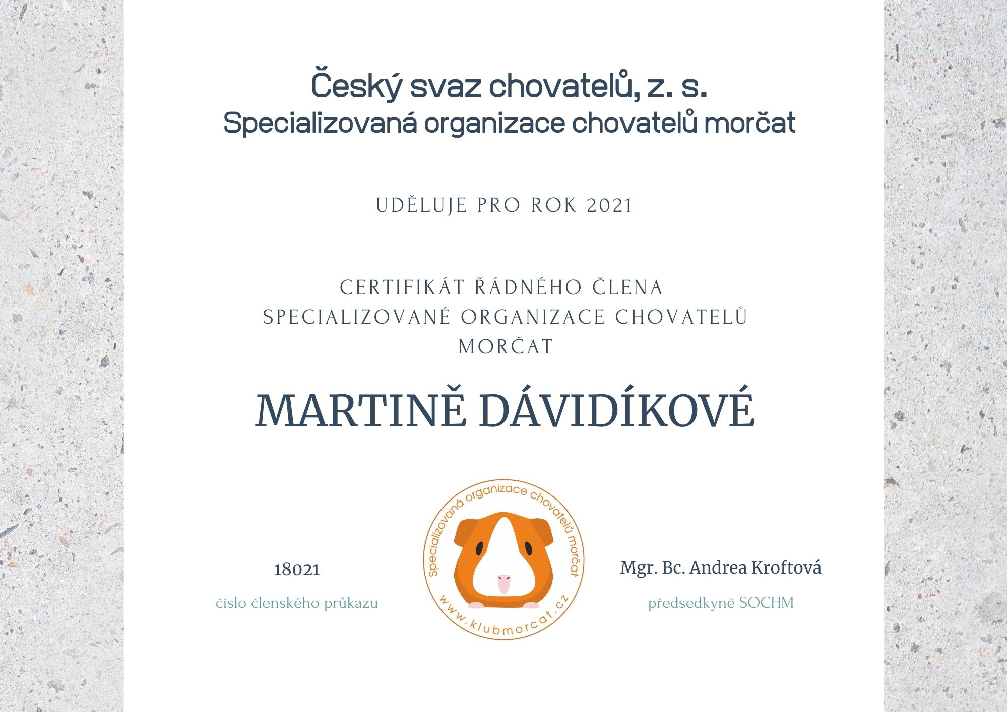 Certifikát 2021<br />Popis: Certifikát řádného člena 2021